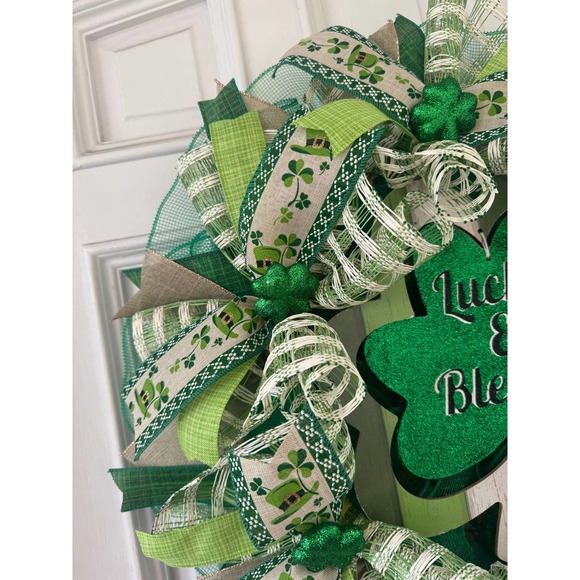 Lucky & Blessed Shamrock Saint Patrick’s Day Mesh Ribbon Wreath Door Hanger - Picture 3 of 8